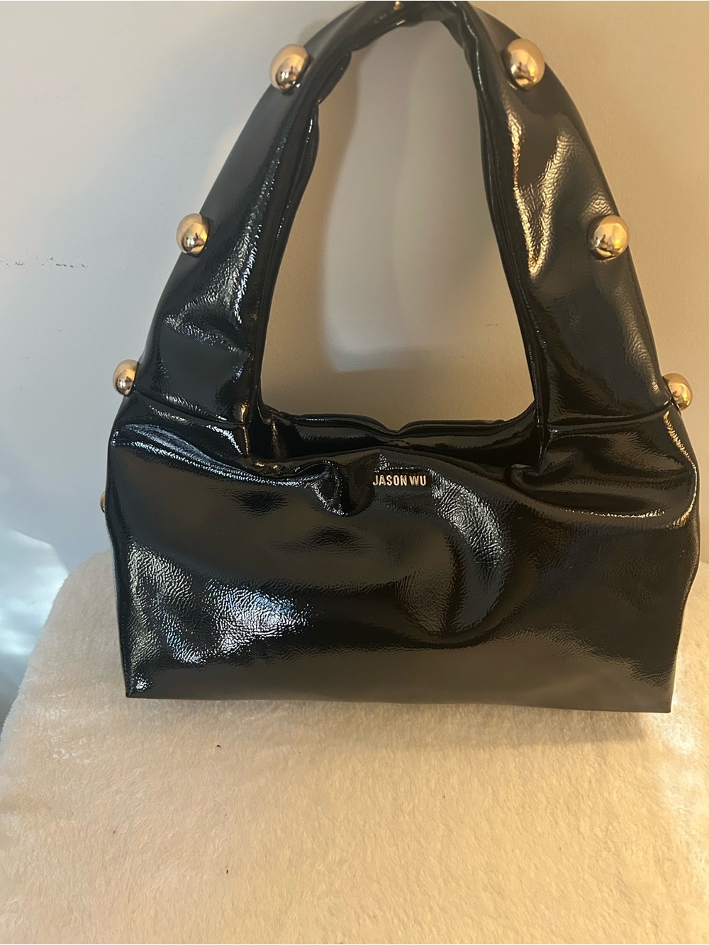 Jason Wu Black Patent Shoulder Bag with Gold Stud Accents